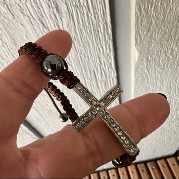 Cross Bracelet Crystals Brown String Adjustable Religious Jesus Christian - Picture 9 of 9